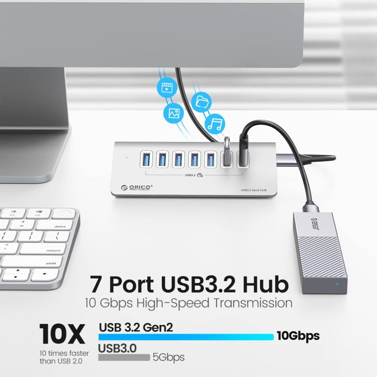 ORICO M3U7-G2 HUB de aleación de aluminio de 7 puertos USB 3.2 Gen2 de 10 Gbps con cable de 0,5 m, M3U7-G2 0.5m