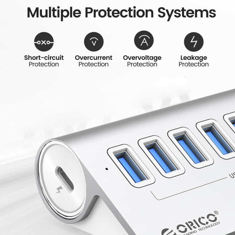 ORICO M3U7-G2 HUB de aleación de aluminio de 7 puertos USB 3.2 Gen2 de 10 Gbps con cable de 1 m, M3U7-G2 1m