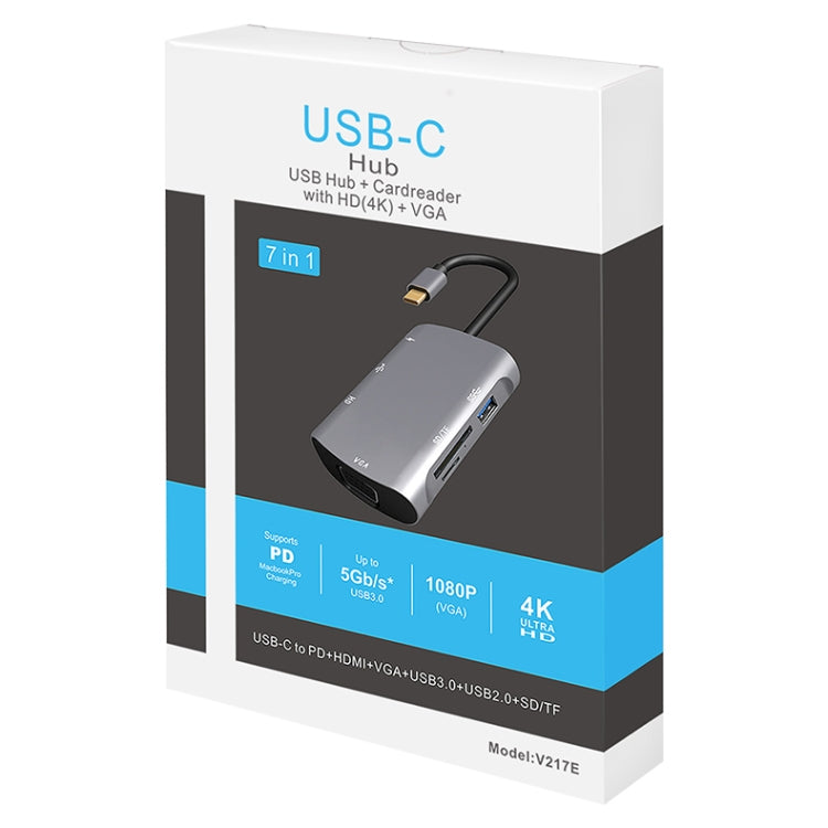 V217E 7 en 1 Tipo C / USB-C a PD + HDMI + VGA + USB3.0 + UB2.0 + SD / TF Estación de acoplamiento multifunción tipo C / USB-C HUB, PD+HDMI+VGA+USB3.0+UB2.0+SD / TF