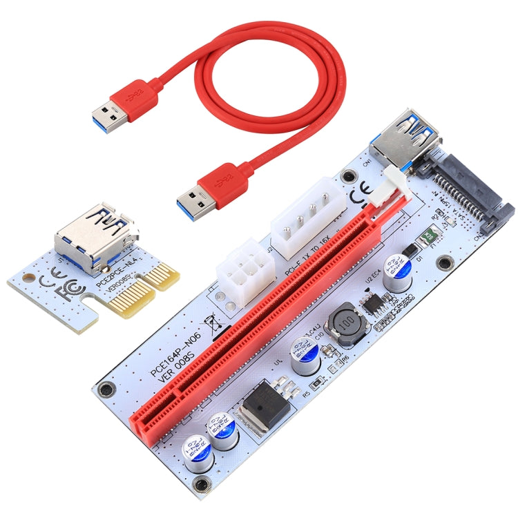 PCE164P-N06 VER008S USB 3.0 PCI-E Express 1x a 16x PCI-E Extender Adaptador de tarjeta elevadora Alimentación SATA de 15 pines Puerto de fuente de alimentación de 6 pines + 4 pines con cable USB de 60 cm, VER008S Red