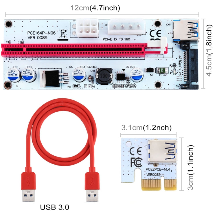 PCE164P-N06 VER008S USB 3.0 PCI-E Express 1x a 16x PCI-E Extender Adaptador de tarjeta elevadora Alimentación SATA de 15 pines Puerto de fuente de alimentación de 6 pines + 4 pines con cable USB de 60 cm, VER008S Red