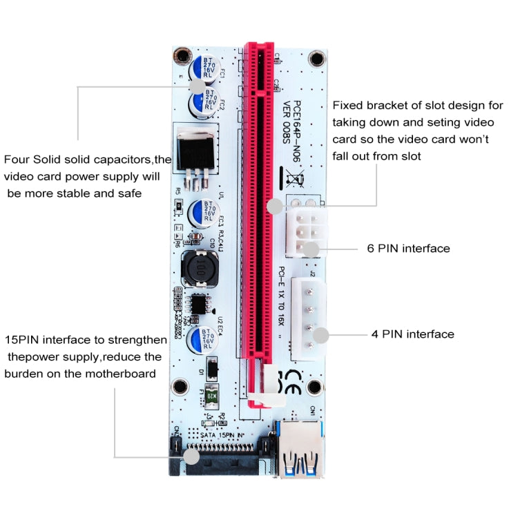 PCE164P-N06 VER008S USB 3.0 PCI-E Express 1x a 16x PCI-E Extender Adaptador de tarjeta elevadora Alimentación SATA de 15 pines Puerto de fuente de alimentación de 6 pines + 4 pines con cable USB de 60 cm, VER008S Red