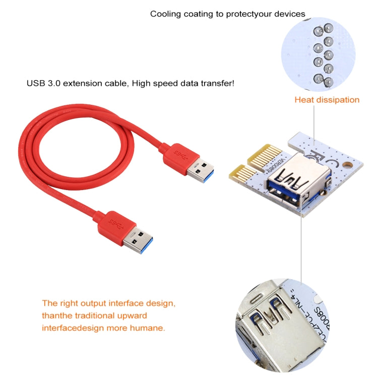 PCE164P-N06 VER008S USB 3.0 PCI-E Express 1x a 16x PCI-E Extender Adaptador de tarjeta elevadora Alimentación SATA de 15 pines Puerto de fuente de alimentación de 6 pines + 4 pines con cable USB de 60 cm, VER008S Red