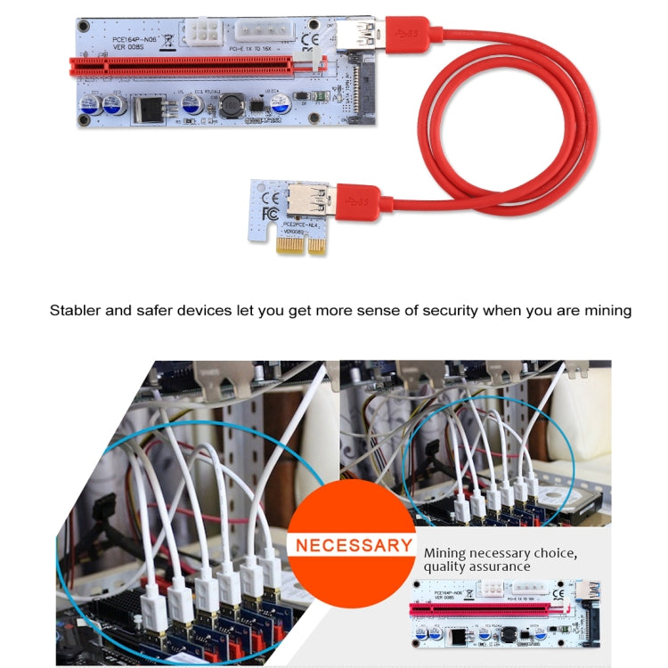 PCE164P-N06 VER008S USB 3.0 PCI-E Express 1x a 16x PCI-E Extender Adaptador de tarjeta elevadora Alimentación SATA de 15 pines Puerto de fuente de alimentación de 6 pines + 4 pines con cable USB de 60 cm, VER008S Red