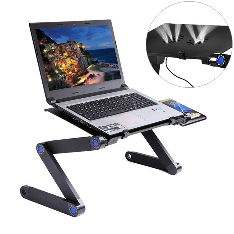 Soporte de escritorio portátil de aleación de aluminio plegable ajustable de 360 grados con ventiladores de CPU dobles y alfombrilla de ratón para ordenador portátil/portátil, with Mouse Pad & 2 Cooling Fan