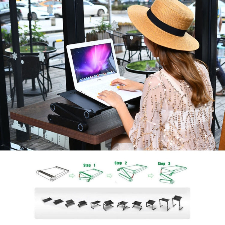 Soporte de escritorio portátil de aleación de aluminio plegable ajustable de 360 grados con ventiladores de CPU dobles y alfombrilla para mouse para computadora portátil / portátil, tamaño de escritorio: 480 mm x 260 mm, 480 x 260mm