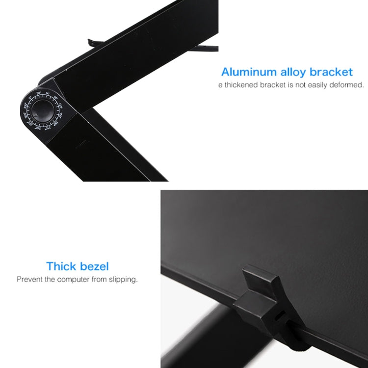 Soporte de escritorio portátil de aleación de aluminio plegable ajustable de 360 grados con ventiladores de CPU dobles y alfombrilla para mouse para computadora portátil / portátil, tamaño de escritorio: 480 mm x 260 mm, 480 x 260mm