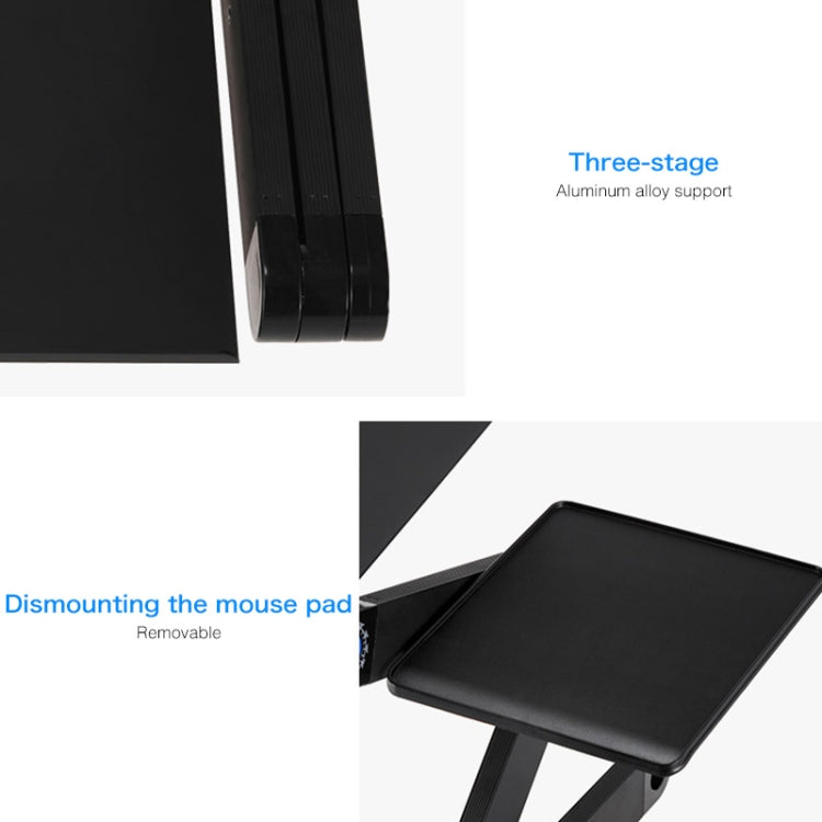 Soporte de escritorio portátil de aleación de aluminio plegable ajustable de 360 grados con ventiladores de CPU dobles y alfombrilla para mouse para computadora portátil / portátil, tamaño de escritorio: 480 mm x 260 mm, 480 x 260mm