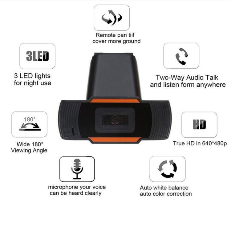 A870 480P Píxeles HD Cámara web de 360 grados USB 2.0 Cámara para PC con micrófono para computadora con Skype, PC y computadora portátil, longitud del cable: 1,4 m, A870 (Orange), A870 (Black)