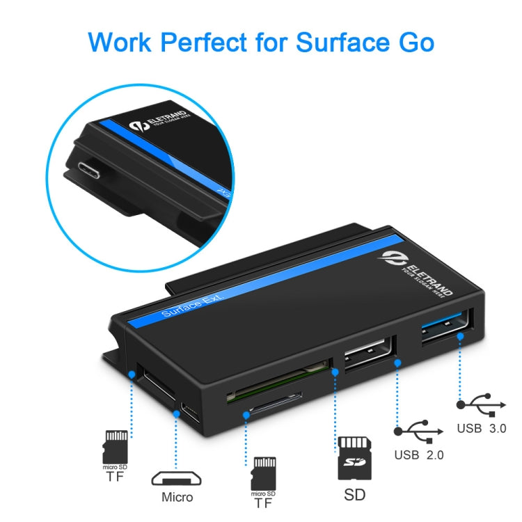 ROCKETEK RT-SGO727 USB 3.0 + USB 2.0 + Hub de interfaz micro USB para Microsoft Surface Go, con 2 ranuras para tarjetas TF y SD, RT-SGO727