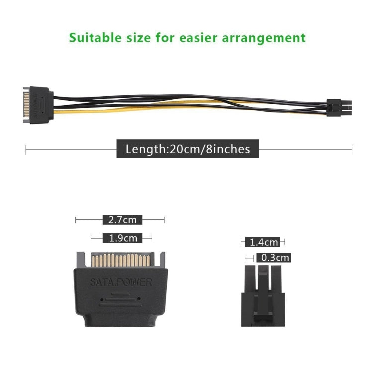 Cable de alimentación Sata para tarjeta de vídeo gráfica PCI Express de 20cm SATA de 15 pines a 6 pines, SATA 15 Pin to 6 Pin Female