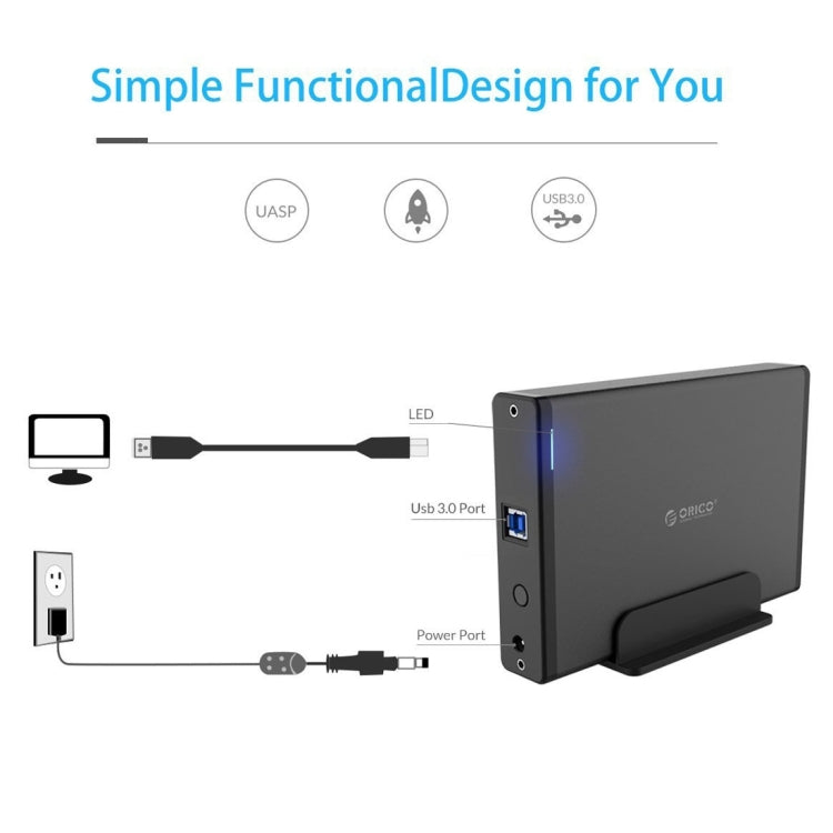 ORICO 7688U3 Caja de disco duro externo de aluminio vertical Caja de almacenamiento Base de disco duro para HDD SATA de 3,5 pulgadas