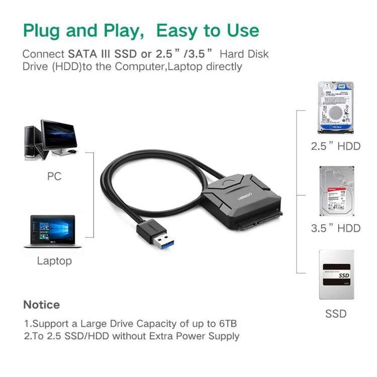 UGREEN Convertidor de cable adaptador USB 3.0 a SATA para disco duro HDD y SSD de 2,5/3,5 pulgadas, compatible con UASP SATA 3.0, USB 3.0 to SATA