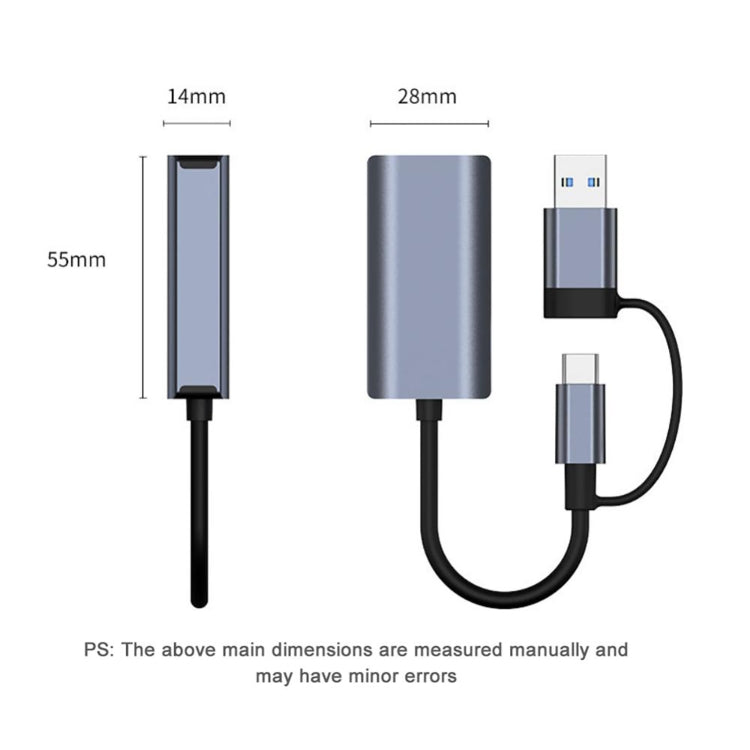 BYL-2207 Adaptador HUB de estación de acoplamiento USB + tipo C a RJ45 2 en 1, BYL-2207TU
