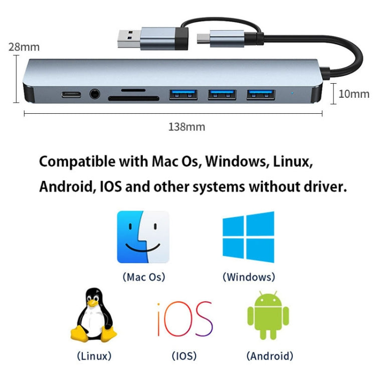 BYL-2218TU Adaptador HUB de estación de acoplamiento multifuncional USB + USB-C / Type-C a USB 8 en 1, BYL-2218TU