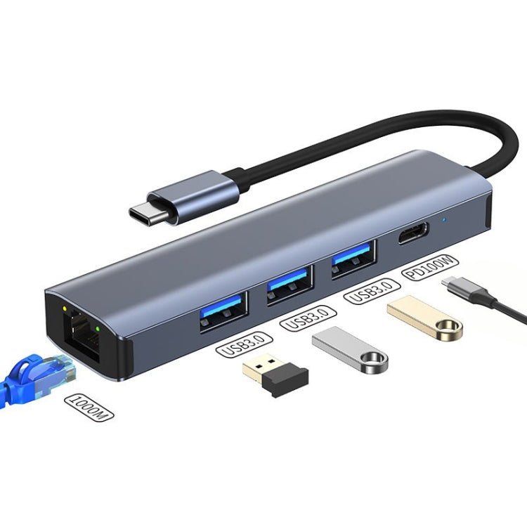 BYL-2302 Adaptador HUB de estación de acoplamiento multifuncional USB-C / Type-C a USB 5 en 1 con puerto de red de 1000M, BYL-2302