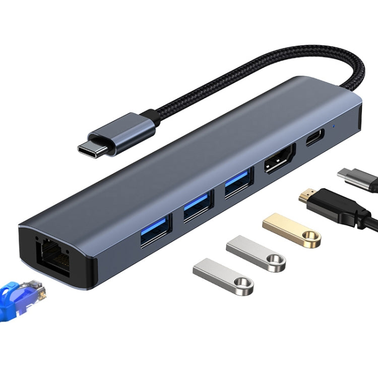 BYL-2210 Adaptador HUB de estación de acoplamiento multifuncional USB-C / Type-C a USB 6 en 1 con puerto de red de 1000M, BYL-2210