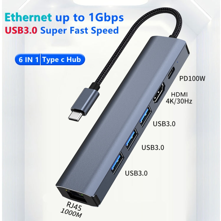 BYL-2210 Adaptador HUB de estación de acoplamiento multifuncional USB-C / Type-C a USB 6 en 1 con puerto de red de 1000M, BYL-2210
