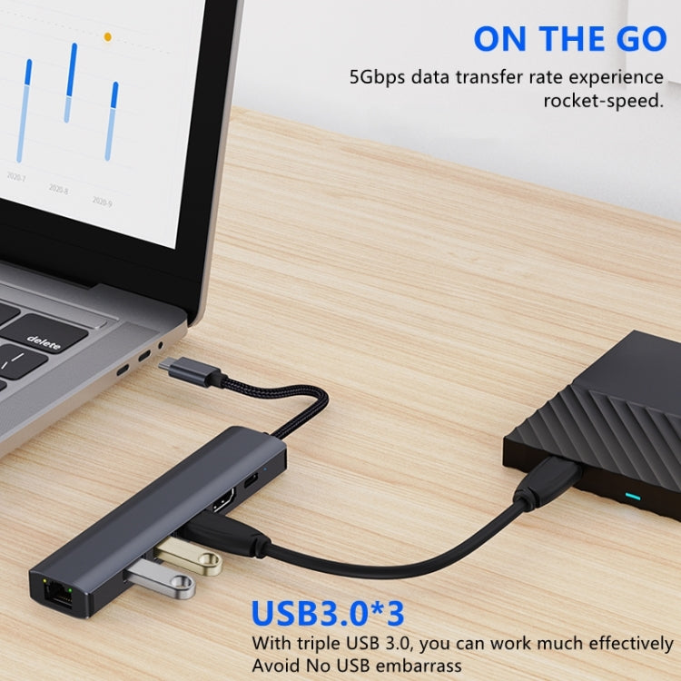 BYL-2210 Adaptador HUB de estación de acoplamiento multifuncional USB-C / Type-C a USB 6 en 1 con puerto de red de 1000M, BYL-2210