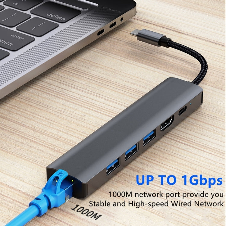 BYL-2210 Adaptador HUB de estación de acoplamiento multifuncional USB-C / Type-C a USB 6 en 1 con puerto de red de 1000M, BYL-2210