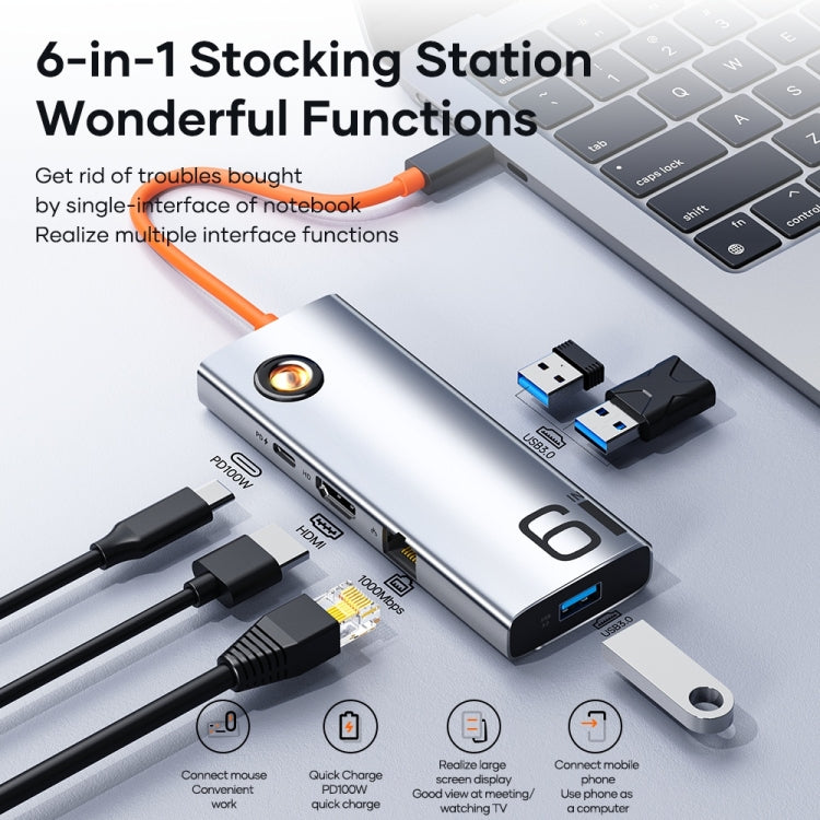 ROCK TR28 HDMI 4K Gigabit Network PD Cargador rápido 6 en 1 USB 3.0 HUB, TR28 6  in 1 HUB