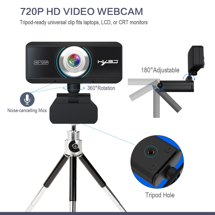 Cámara web HXSJ S90 30 fps 1 megapíxel 720P HD para computadora de escritorio / portátil / Android TV, con micrófono absorbente de sonido de 8 m, longitud del cable: 1,5 m, S90