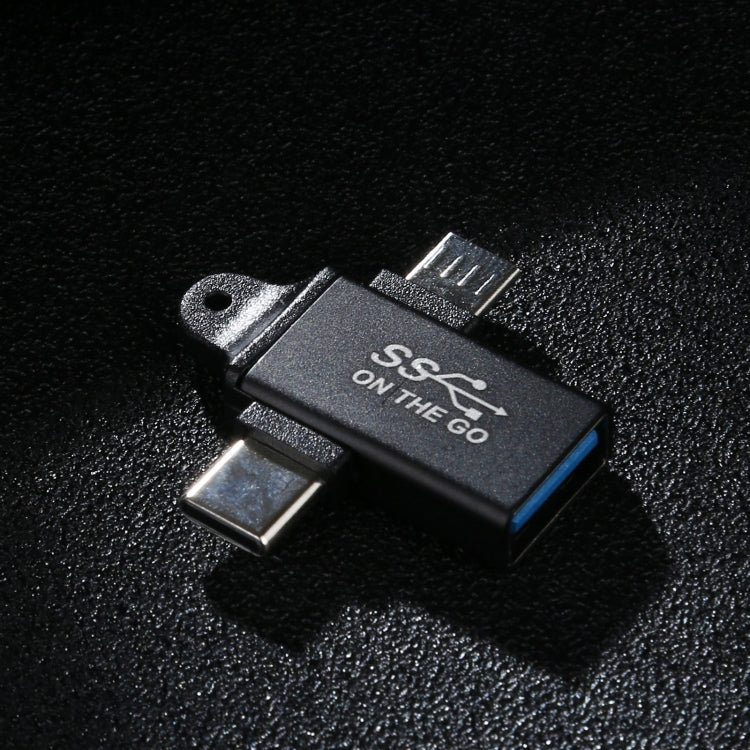 Adaptador de aleación de aluminio USB 3.0 hembra a tipo C / USB-C macho + micro macho, USB 3.0 Female to Type-C Male + Micro Male