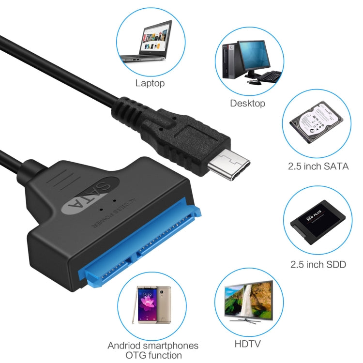 Cable convertidor de datos HDD USB-C / Type-C 3.1 macho a SATA (15 pines + 7 pines), longitud: 20 cm, Type-C to SATA