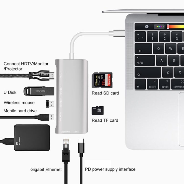 9591C 8 en 1 USB 3.0 x3 + Tarjeta SD / TF + HDMI + RJ45 + Type-C / USB-C (PD) Estación de acoplamiento convertidor HUB multifunción