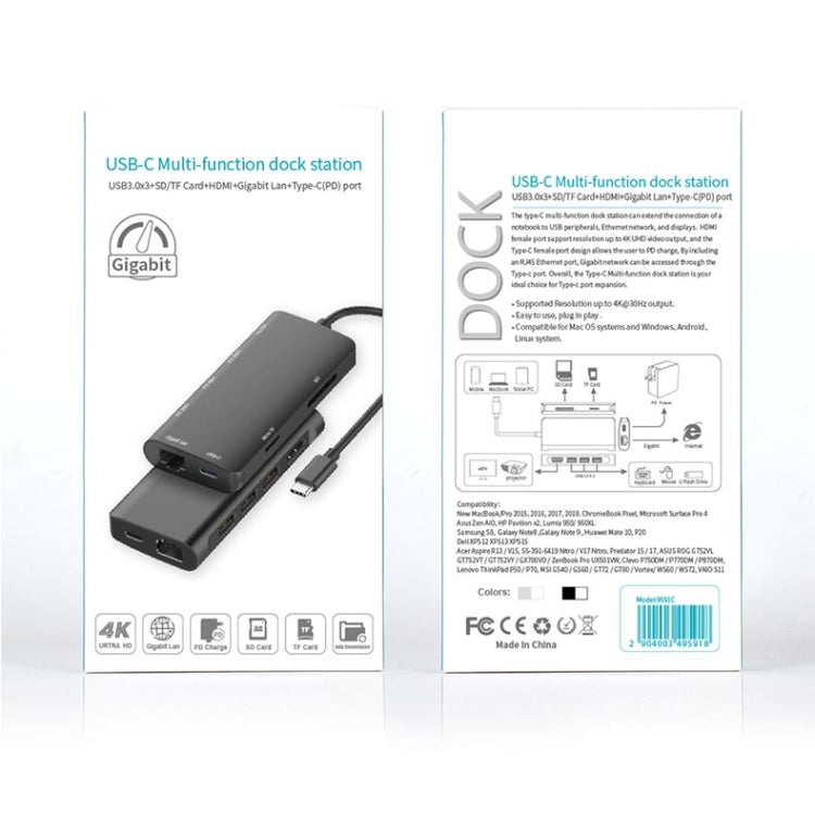 9591C 8 en 1 USB 3.0 x3 + Tarjeta SD / TF + HDMI + RJ45 + Type-C / USB-C (PD) Estación de acoplamiento convertidor HUB multifunción