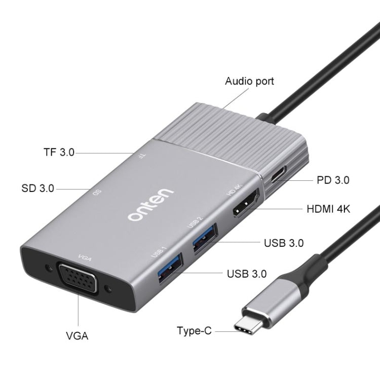 Onten 95113 8 en 1 USB 3.0 x2 + SD / TF + HDMI / VGA + Jack de 3,5 mm + Type-C / USB-C (PD 3.0) Estación de acoplamiento convertidor HUB multifunción