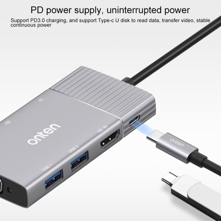 Onten 95113 8 en 1 USB 3.0 x2 + SD / TF + HDMI / VGA + Jack de 3,5 mm + Type-C / USB-C (PD 3.0) Estación de acoplamiento convertidor HUB multifunción