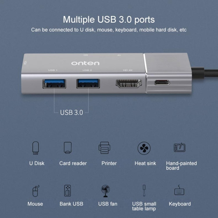 Onten 95113 8 en 1 USB 3.0 x2 + SD / TF + HDMI / VGA + Jack de 3,5 mm + Type-C / USB-C (PD 3.0) Estación de acoplamiento convertidor HUB multifunción