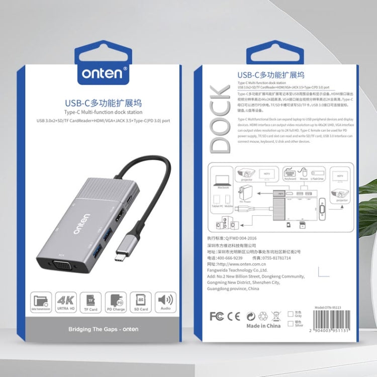 Onten 95113 8 en 1 USB 3.0 x2 + SD / TF + HDMI / VGA + Jack de 3,5 mm + Type-C / USB-C (PD 3.0) Estación de acoplamiento convertidor HUB multifunción
