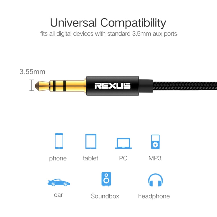 REXLIS 3629 Cable de audio AUX con conector estéreo para automóvil macho a macho de 3,5 mm chapado en oro para dispositivos digitales estándar AUX de 3,5 mm, longitud: 1,8 m, Length: 1.8m