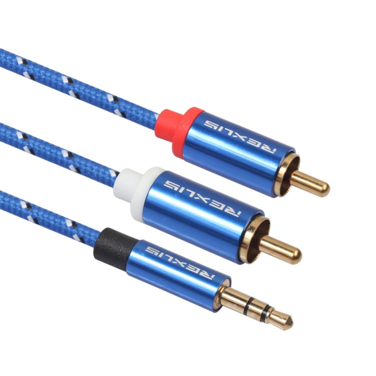 REXLIS 3610 Cable de audio trenzado de algodón azul con conector chapado en oro macho de 3,5 mm a RCA doble para interfaz de entrada RCA Altavoz activo, longitud: 0,5 m, Length: 0.5m