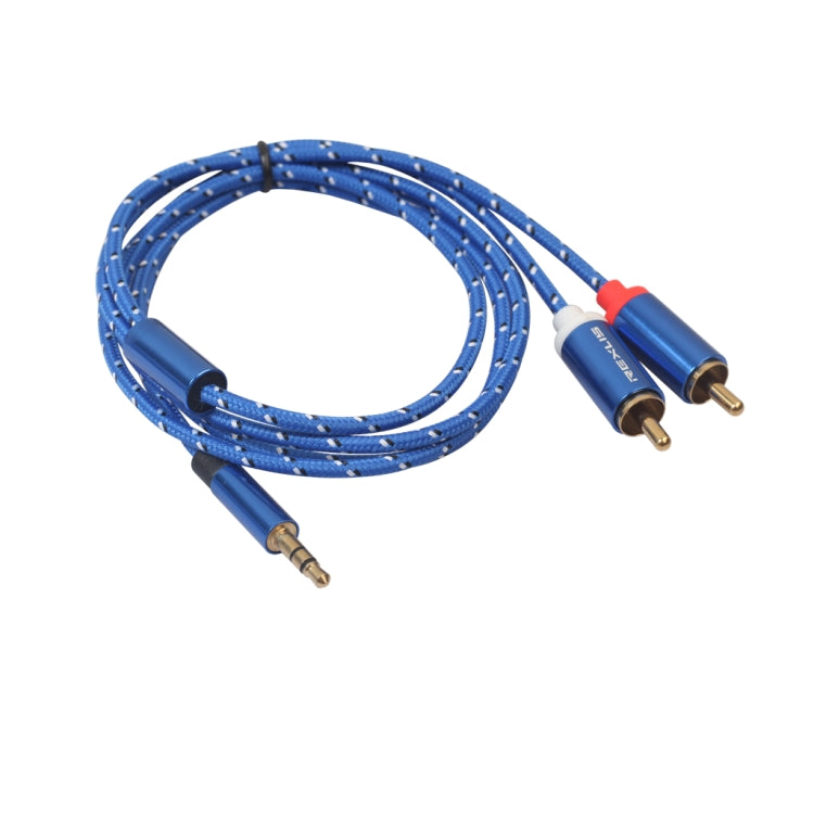 REXLIS 3610 Cable de audio trenzado de algodón azul con conector chapado en oro macho de 3,5 mm a RCA doble para interfaz de entrada RCA Altavoz activo, longitud: 1 m