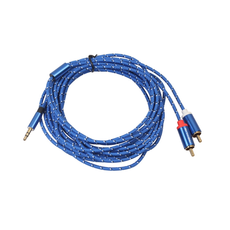 REXLIS 3610 Cable de audio trenzado de algodón azul con conector chapado en oro macho de 3,5 mm a RCA doble para interfaz de entrada RCA Altavoz activo, longitud: 5 m, Length: 5m