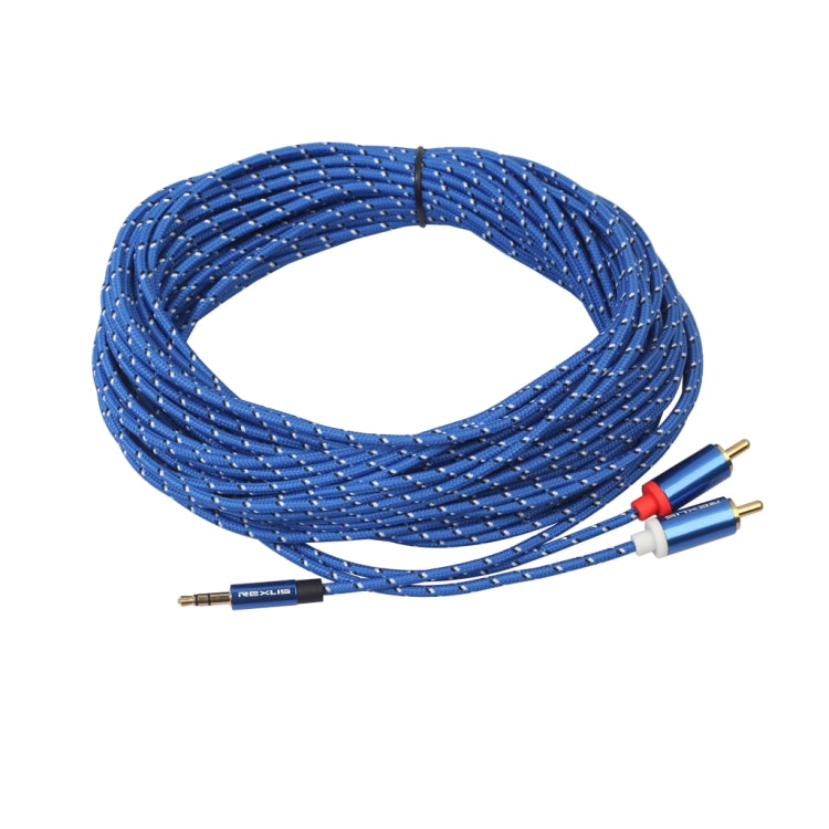 REXLIS 3610 Cable de audio trenzado de algodón azul con conector chapado en oro macho de 3,5 mm a RCA doble para interfaz de entrada RCA Altavoz activo, longitud: 10 m, Length: 10m