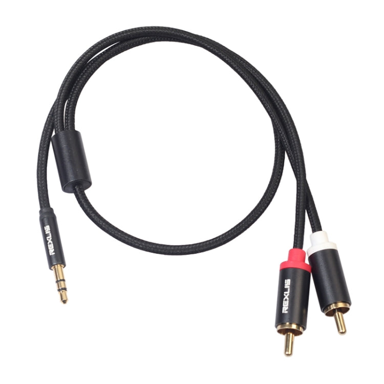 REXLIS 3635 Cable de audio trenzado de algodón negro con conector chapado en oro macho de 3,5 mm a RCA doble para interfaz de entrada RCA Altavoz activo, longitud: 0,5 m, Length: 0.5m