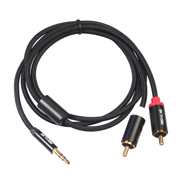 REXLIS 3635 Cable de audio trenzado de algodón negro con conector chapado en oro macho de 3,5 mm a RCA doble para altavoz activo con interfaz de entrada RCA, longitud: 1 m, Length: 1m