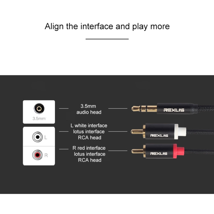 REXLIS 3635 Cable de audio trenzado de algodón negro con conector chapado en oro macho de 3,5 mm a RCA doble para altavoz activo con interfaz de entrada RCA, longitud: 1 m, Length: 1m
