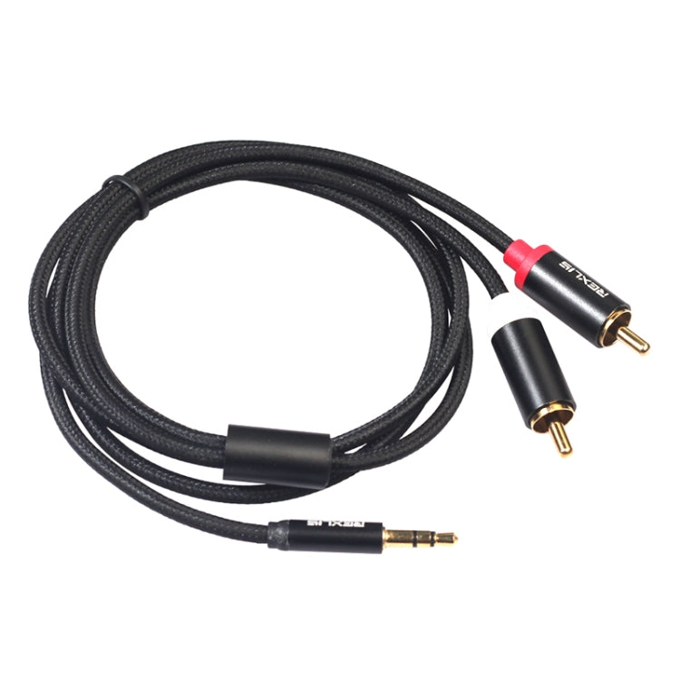 REXLIS 3635 Cable de audio trenzado de algodón negro con conector chapado en oro macho de 3,5 mm a RCA doble para interfaz de entrada RCA Altavoz activo, longitud: 1,8 m, Length: 1.8m