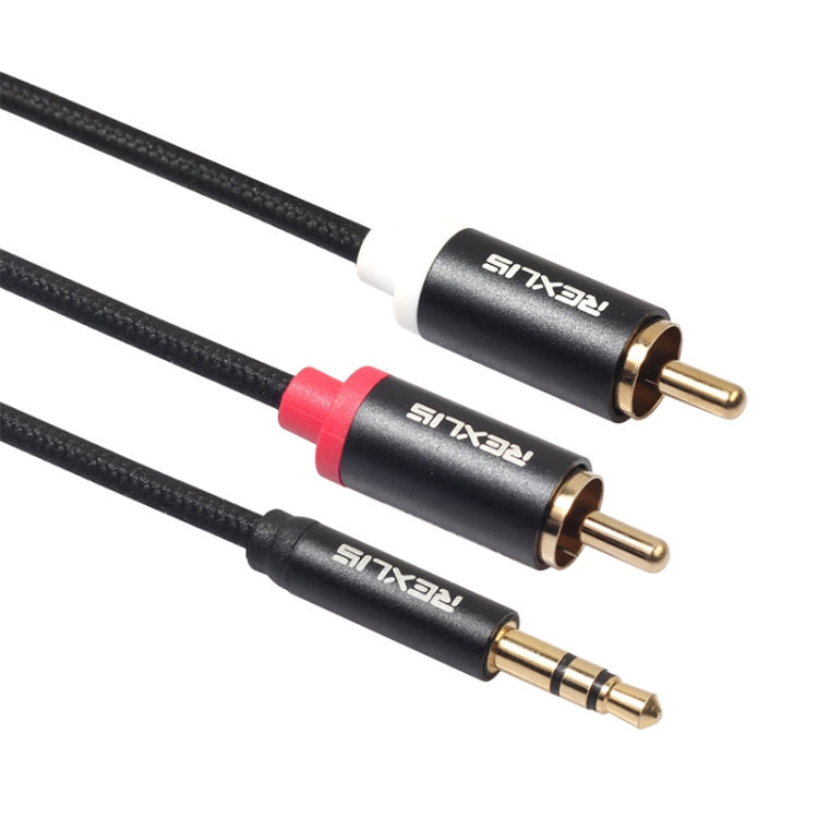 REXLIS 3635 Cable de audio trenzado de algodón negro con conector chapado en oro macho de 3,5 mm a RCA doble para interfaz de entrada RCA Altavoz activo, longitud: 5 m, Length: 5m
