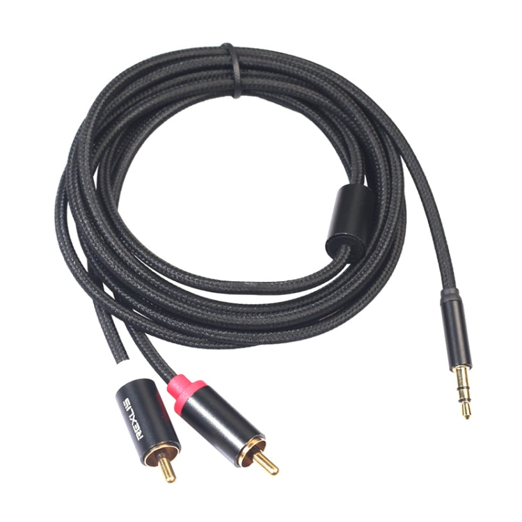 REXLIS 3635 Cable de audio trenzado de algodón negro con conector chapado en oro macho de 3,5 mm a RCA doble para interfaz de entrada RCA Altavoz activo, longitud: 5 m, Length: 5m