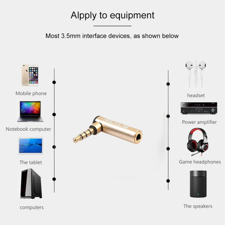 REXLIS BK3567 3,5 mm macho + 3,5 mm hembra Codo de 90 grados en forma de L Conector chapado en oro Adaptador de extensión de interfaz de audio dorado para dispositivos de interfaz de 3,5 mm, soporte para auriculares con micrófono, Gold