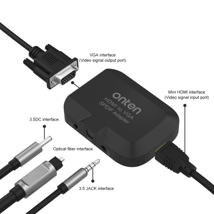 Onten 35165 Convertidor HDMI a VGA + Audio Óptico para Altavoz/TV/Ordenador
