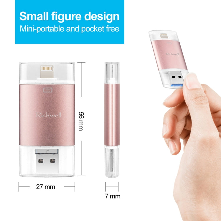 Richwell 3 en 1 64G Type-C + 8 Pin + USB 3.0 Disco flash push-pull de doble cubierta de metal con función OTG