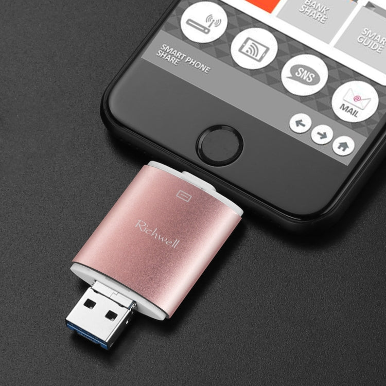 Richwell 3 en 1 64G Type-C + 8 Pin + USB 3.0 Disco flash push-pull de doble cubierta de metal con función OTG