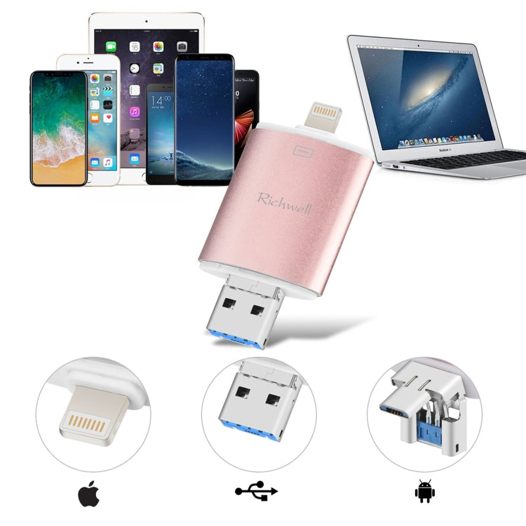 Richwell 3 en 1 16G Type-C + 8 Pin + USB 3.0 Disco flash push-pull de doble cubierta de metal con función OTG